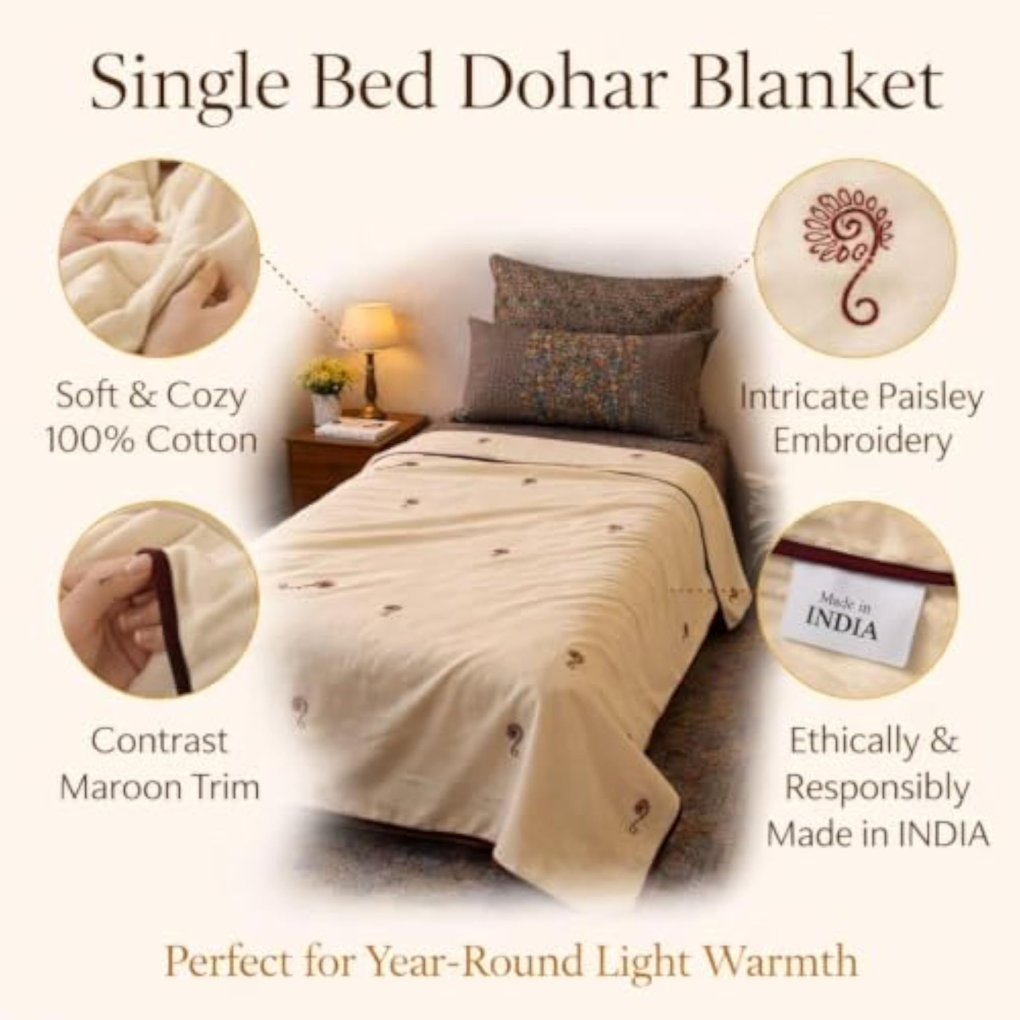 Cotton Dohar for Single Bed, Lightweight & Breathable